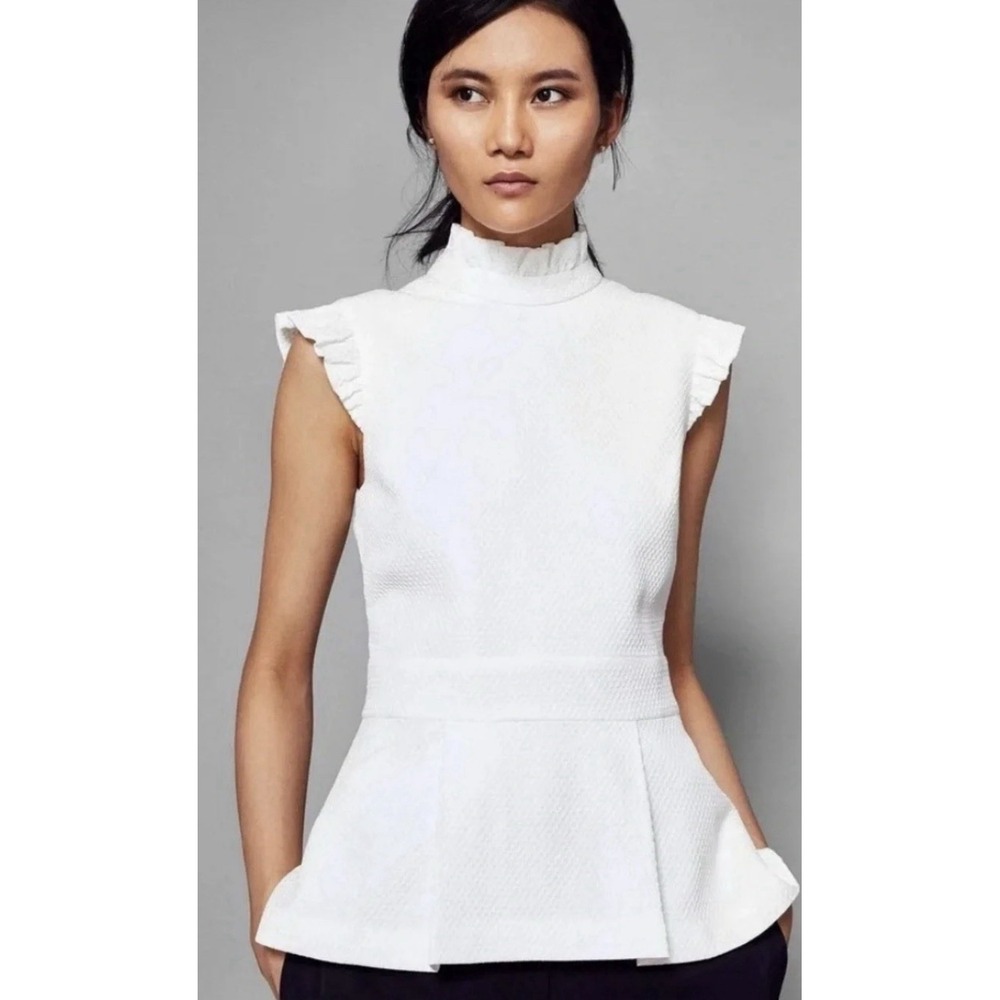 TED BAKER ruffle high neck peplum flare top Zip Back blouse victorian 3 L 195$